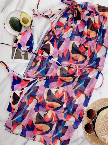 New Cube Printed Halter Bikini Female Swimsuit Women Swimwear Three-pieces Bikini set With Sarong Bather Bathing Suit Swim V2804