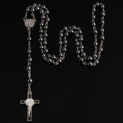 6mm Hematite Rosary Long Chain Bead Necklace Male Ms. Prayer Catholic Rosary Jesus Christ Cross Pendant Jewelry