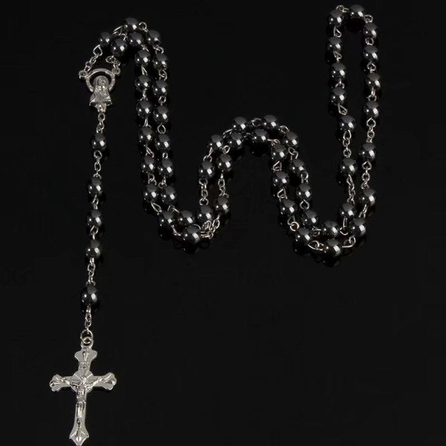 6mm Hematite Rosary Long Chain Bead Necklace Male Ms. Prayer Catholic Rosary Jesus Christ Cross Pendant Jewelry