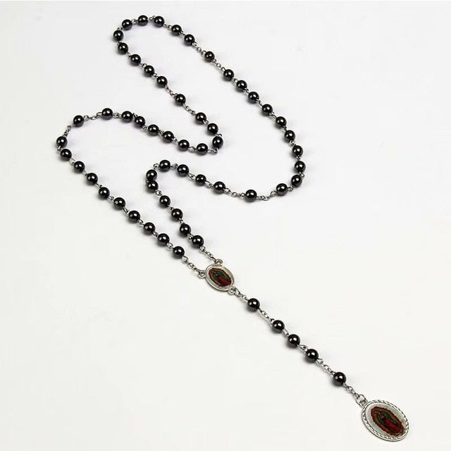 6mm Hematite Rosary Long Chain Bead Necklace Male Ms. Prayer Catholic Rosary Jesus Christ Cross Pendant Jewelry