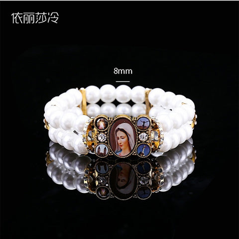 Catholic bracelet Saint Mary Pearl Bracelet Beaded Handmade Cross Rosary Bracelet Men and women Jewelry Gifts