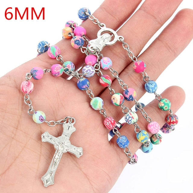 Vintage 8mm Polymer Clay Bead Rosary Cross Pendant Necklace Virgin Mary Centrepieces Christian Catholic Religious Jewelry Gift