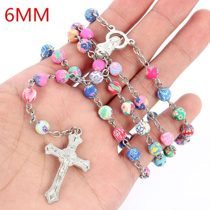 Vintage 8mm Polymer Clay Bead Rosary Cross Pendant Necklace Virgin Mary Centerpieces Christian Catholic Religious Jewelry Gift