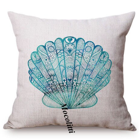 Blue Ocean Animal Sea Turtle Conch Watercolor Decorative Sofa Throw Pillow Cover Lobster Sea Horse Shell Pattern Cushion Cover