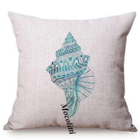 Blue Ocean Animal Sea Turtle Conch Watercolor Decorative Sofa Throw Pillow Cover Lobster Sea Horse Shell Pattern Cushion Cover
