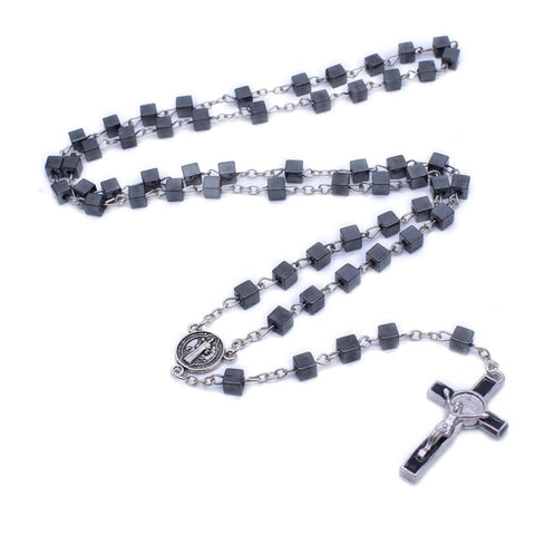 QIGO Catholic Rosary Jewelry Square Beads Long Cross Strand Necklace