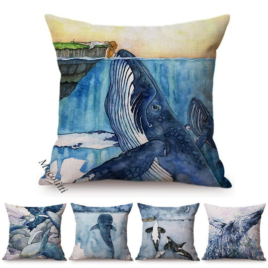 Blue Whale Style Ocean Animal Cushion Cover Water Color Painted Girls and Whale Dolphin Fairy Tales Decoration Sofa Pillow Cover