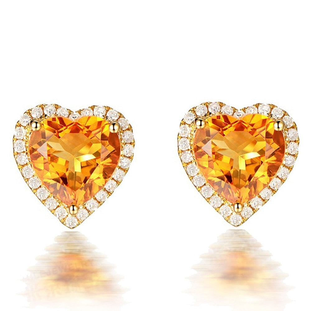 3 Carats Citrine gemstones yellow crystal stud earrings for women femme zircon diamond 18k gold color luxury jewelry gift heart