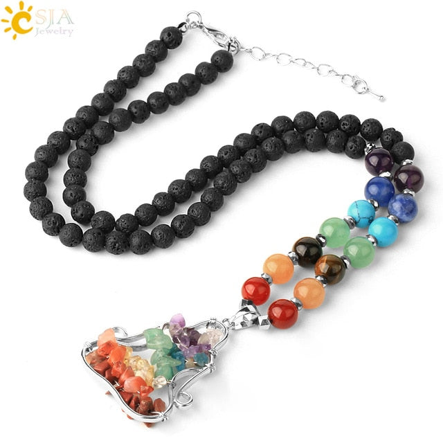 CSJA Natural Stone 7 Chakra Pendant Necklace Reiki Yoga Bead Healing Crystal Meditation Women Necklaces Lobster Clasp Chain G372