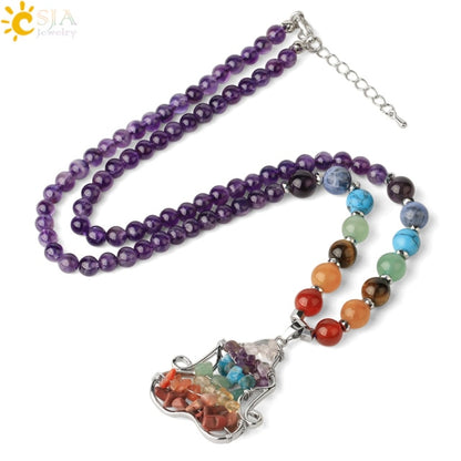 CSJA Natural Stone 7 Chakra Pendant Necklace Reiki Yoga Bead Healing Crystal Meditation Women Necklaces Lobster Clasp Chain G372