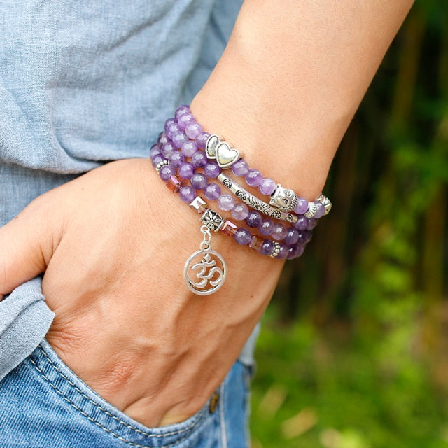 Natural Amethyst Purple Quartz Crystal 6mm Buddhist Buddha Meditation 108 Prayer Bead Mala Bracelet Women Necklace Jewelry