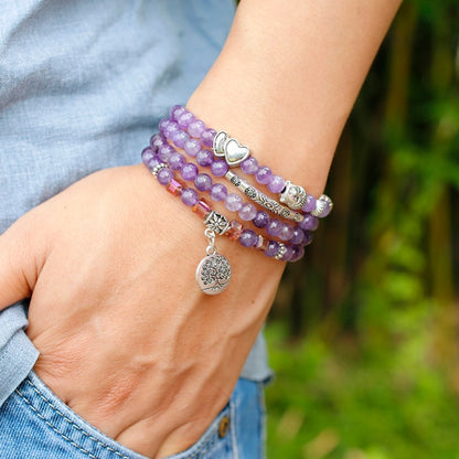 Natural Amethyst Purple Quartz Crystal 6mm Buddhist Buddha Meditation 108 Prayer Bead Mala Bracelet Women Necklace Jewelry