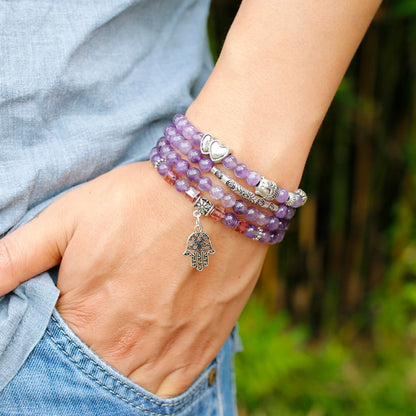 Natural Amethyst Purple Quartz Crystal 6mm Buddhist Buddha Meditation 108 Prayer Bead Mala Bracelet Women Necklace Jewelry