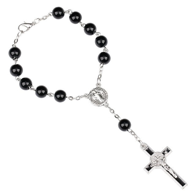 Christian Catholic Enamel Cross Jesus Bracelet Black Beads Rosary Bracelets St Benedict Connectors Jewelry Christmas Gifts