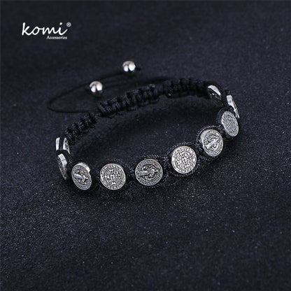 Komi Religious Catholic Handmade Braided Rosary Bracelet St Mary Metal Coin Beaded Bracelet Cross Classic Prayer Bracelets R-035