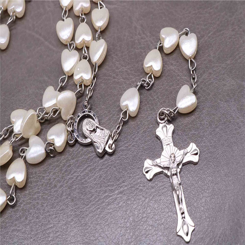 Catholic Acrylic Heart-shaped Rosary Necklace, Rosary Fatima Madonna Girl Cross Prayer Rosary Long Chain, Rose Necklace