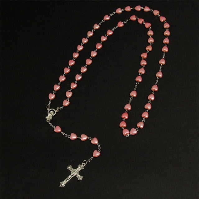 Catholic Acrylic Heart-shaped Rosary Necklace, Rosary Fatima Madonna Girl Cross Prayer Rosary Long Chain, Rose Necklace