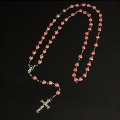 Catholic Acrylic Heart-shaped Rosary Necklace, Rosary Fatima Madonna Girl Cross Prayer Rosary Long Chain, Rose Necklace