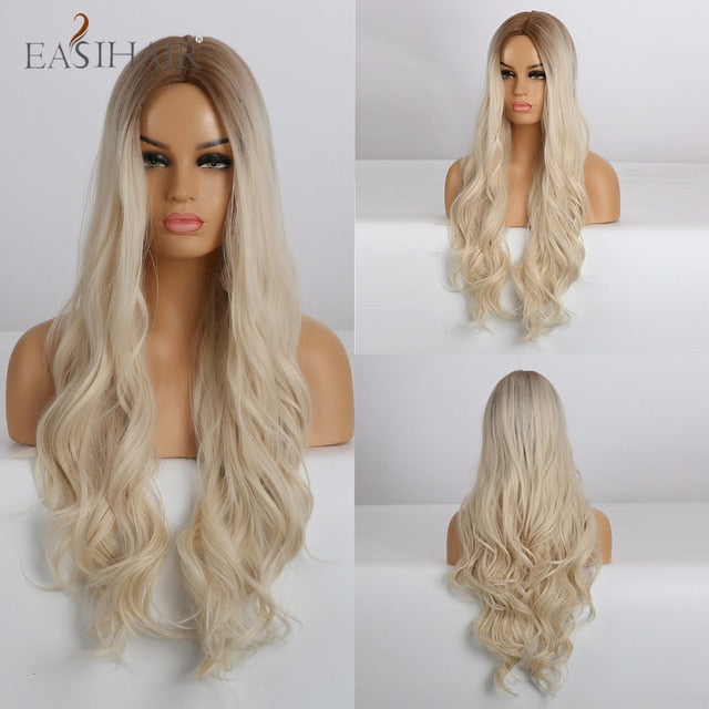 EASIHAIR Ombre Brown Light Blonde Platinum Long Wavy Middle Part Hair Wig Cosplay Natural Heat Resistant Synthetic Wig for Women