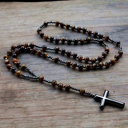 6mm Lapis Lazuli stone bead & Hematite cross pendant necklace for Men Women Catholic Christ Rosary Cross Pendant Drop shipping