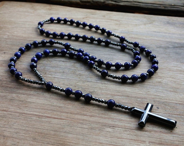 6mm Lapis Lazuli stone bead & Hematite cross pendant necklace for Men Women Catholic Christ Rosary Cross Pendant Drop shipping