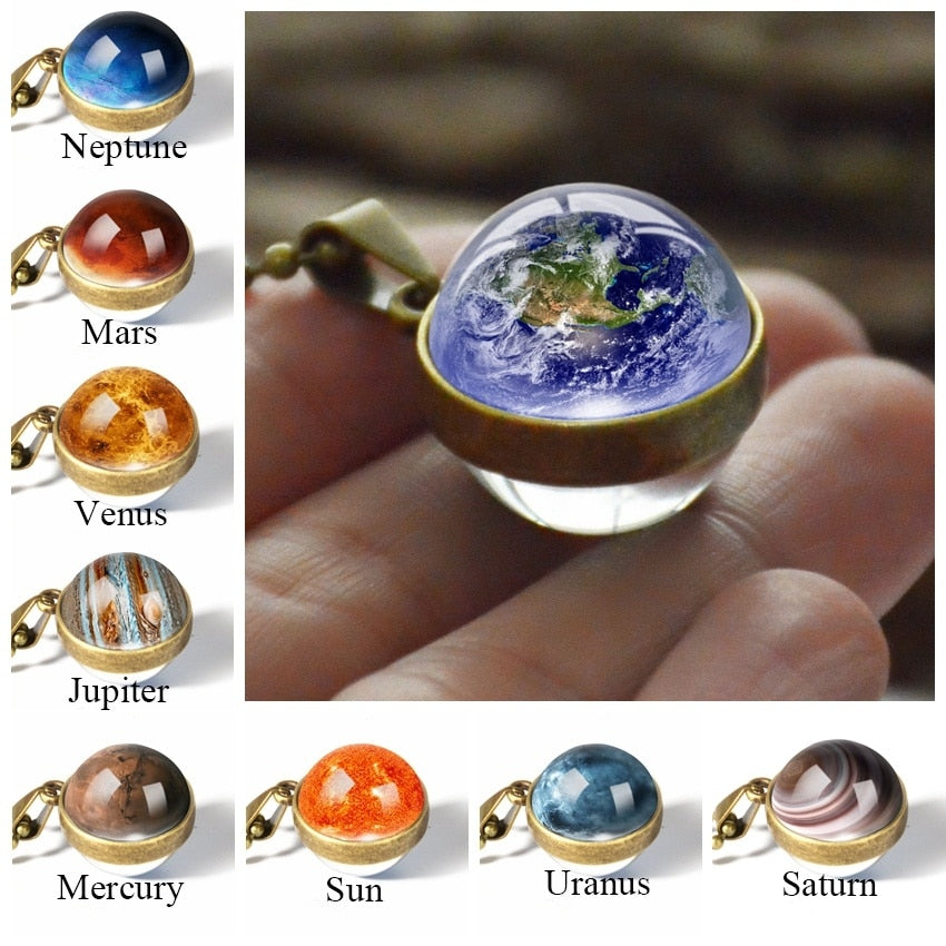 New Personality Fashion Double Side Glass Ball Necklace Earth Planet Pattern Jewelry Galaxy Astronomy Pendant Necklace