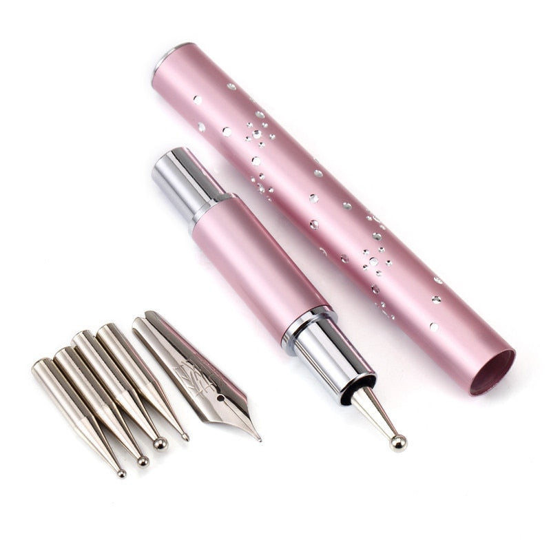 Nail Art Fine Lace Drawing Pen with Metallic 5 Pen Tips Stainless Steel Dotting for Salon Manicure DIY Nail Art Tools