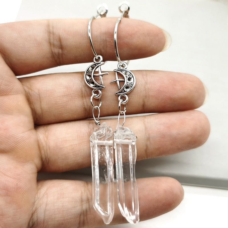 Imitate Clear Quartz Moon Earrings - Boho, Witchy, Resin, Esoteric, Celestial, Alternative, Nugoth, Gothic, Romantic.star Gift