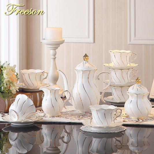 Gold Inlay Bone China Coffee Set Europe Porcelain Tea Set Ceramic Pot Creamer Sugar Bowl Teapot Coffee Cup Tea Mug Coffeeware