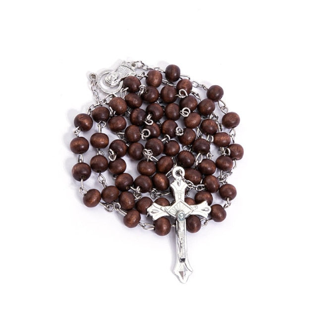 Classic wood beads 6mm rose perfume, prayer rosary, Jesus cross necklace necklace, stylish Catholic religious jewelry.