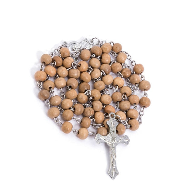 Classic wood beads 6mm rose perfume, prayer rosary, Jesus cross necklace necklace, stylish Catholic religious jewelry.