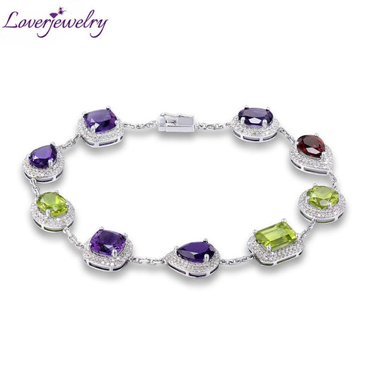 LOVERJEWELRY Gemstones Bracelets Solid 14k White Gold Natural Purple Amethyst Peridot Garnet Bracelet For Women pulseras verano