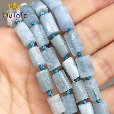 Natural Faceted Aquamarines Stone Beads Cylinder Gem Loose Spacer Beads For Jewelry DIY Making Bracelet Charms Accessories 7.5''