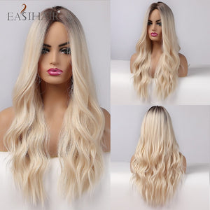 EASIHAIR Ombre Brown Light Blonde Platinum Long Wavy Middle Part Hair Wig Cosplay Natural Heat Resistant Synthetic Wig for Women
