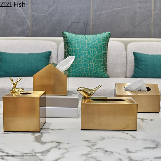 European Luxury Brass Color Tissue Box Creative Geometric Animal Seat Type Storage Tissue Canister Living Room Modern Home Decor