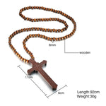 Large Wood Catholic JesusMens Cross With Wooden Bead Carved Rosary Pendant Long Collier Statement Necklace