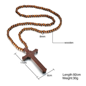 Large Wood Catholic JesusMens Cross With Wooden Bead Carved Rosary Pendant Long Collier Statement Necklace
