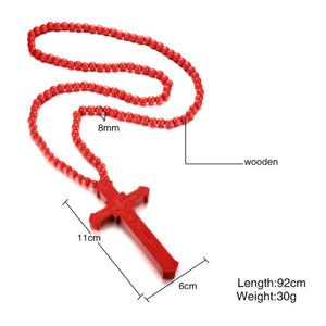 Large Wood Catholic JesusMens Cross With Wooden Bead Carved Rosary Pendant Long Collier Statement Necklace