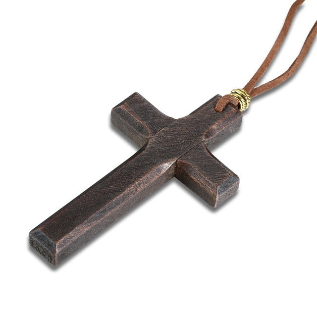 Large Wood Catholic JesusMens Cross With Wooden Bead Carved Rosary Pendant Long Collier Statement Necklace