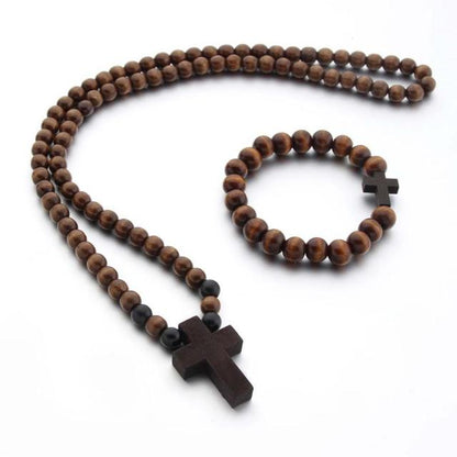 Cross Jesus Wood Necklace Pendant for Men Woman Wooden Beads Carved Long Rosary Catholic Necklaces Male Jewelry