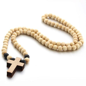 Cross Jesus Wood Necklace Pendant for Men Woman Wooden Beads Carved Long Rosary Catholic Necklaces Male Jewelry