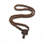 Cross Jesus Wood Necklace Pendant for Men Woman Wooden Beads Carved Long Rosary Catholic Necklaces Male Jewelry