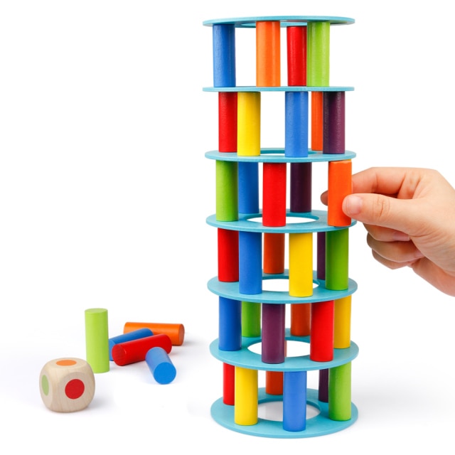 Coogam Wooden Tower Stacking Game, Fine Motor Skill Blocks with Dice Stacking Building Construction Toys Party Games for Kids