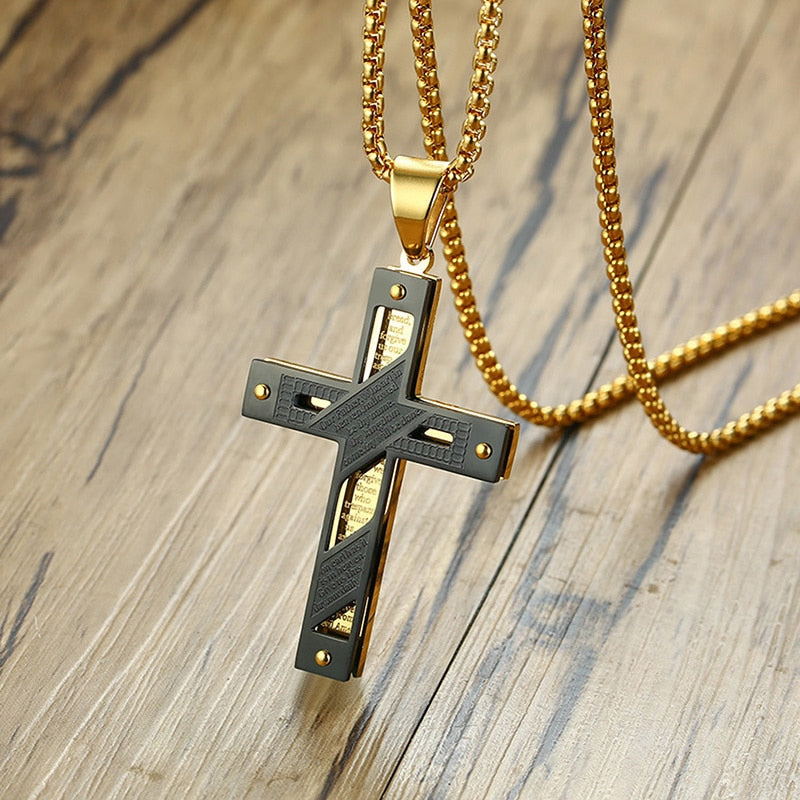 Vnox Double Layer Cross Pendant Stainless Steel Men Necklace Nailed Cross Bible Jewelry Casual Male Faith Bijoux