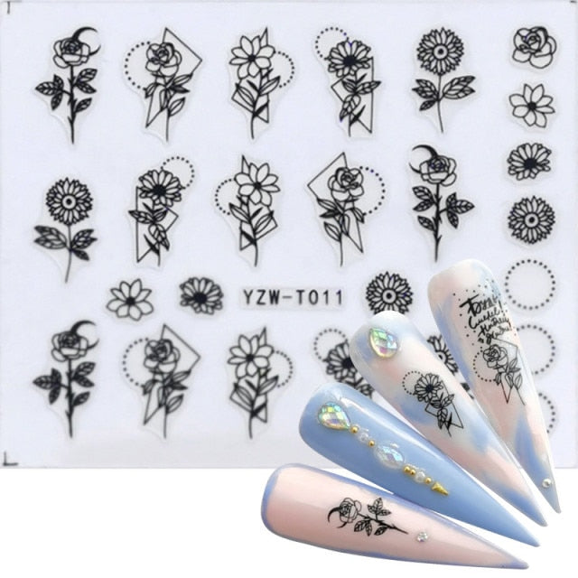 LCJ 1pc 3D Stickers For Nails Letter Leaf Flower Slider Nail Art Manicure Adhesive Tips Decals DIY Polish Decoration