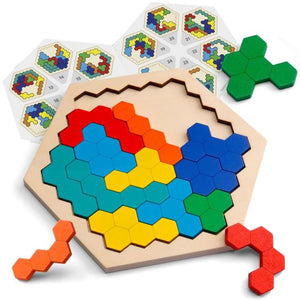 Coogam Wooden Tangram Puzzle Brain Teasers Game Honeycomb Shape, 3D Russian Building Toy Wood Shape Puzzles Toys Gift for Kids