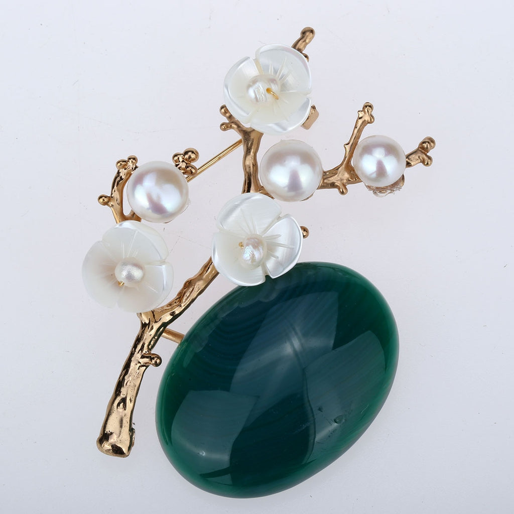 YACQ Women Freshwater Pearl Gemstone White Shell Flower Branch Shape Pin Brooch Luxury Handmade Jewelry Christmas Gift Girl Her