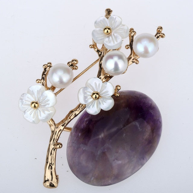 YACQ Women Freshwater Pearl Gemstone White Shell Flower Branch Shape Pin Brooch Luxury Handmade Jewelry Christmas Gift Girl Her