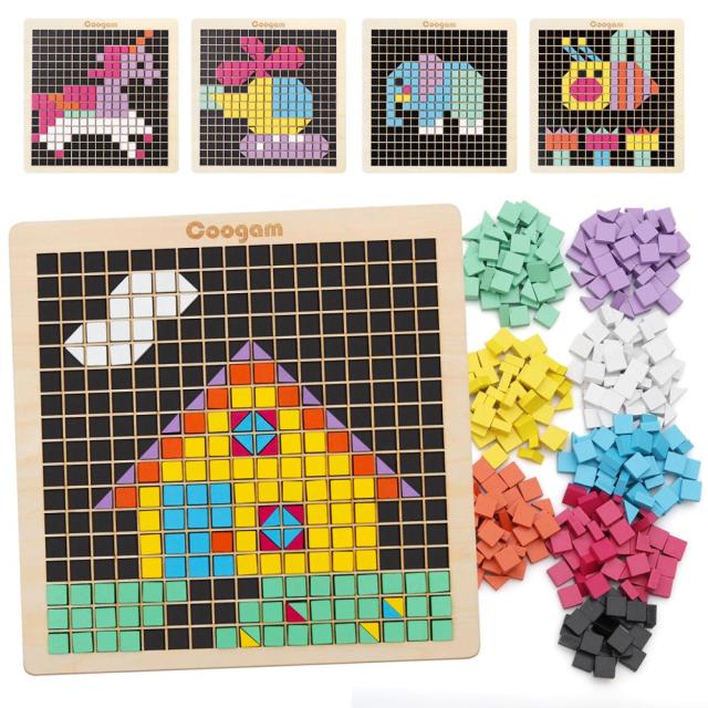 Coogam Wooden Toys, 370PCS Shape Pattern Blocks with 8 Colors, Pixel Board Game STEM Montessori Toys Gift for Kid Toddler