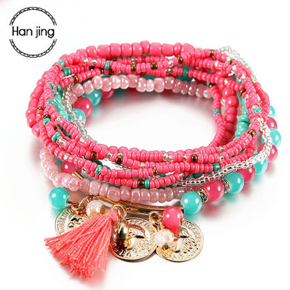 Women Bohemian Jewelry Multilayer Elastic Set Bracelets Bangles With Tassel Gold Coin Glass Beads Charm Wrap Bracelet Femme Gift